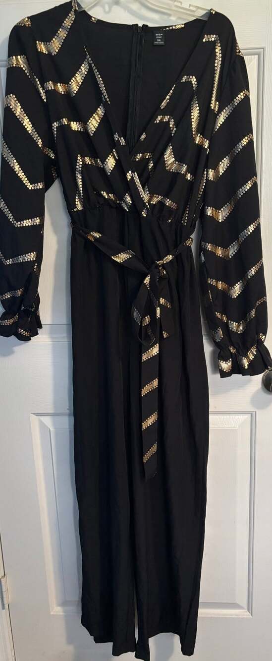 Shein Curve Jumpsuit Womens 1XL Black Gold Metallic Foil Chevron Belted Wide Leg